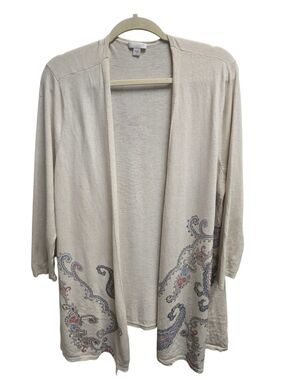 J.Jill Light Beige Open-Front Cardigan with Paisley Embroidery Sz. XL